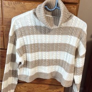 Love Tree Cable Knit Striped Turtleneck Sweater - Cream and Tan